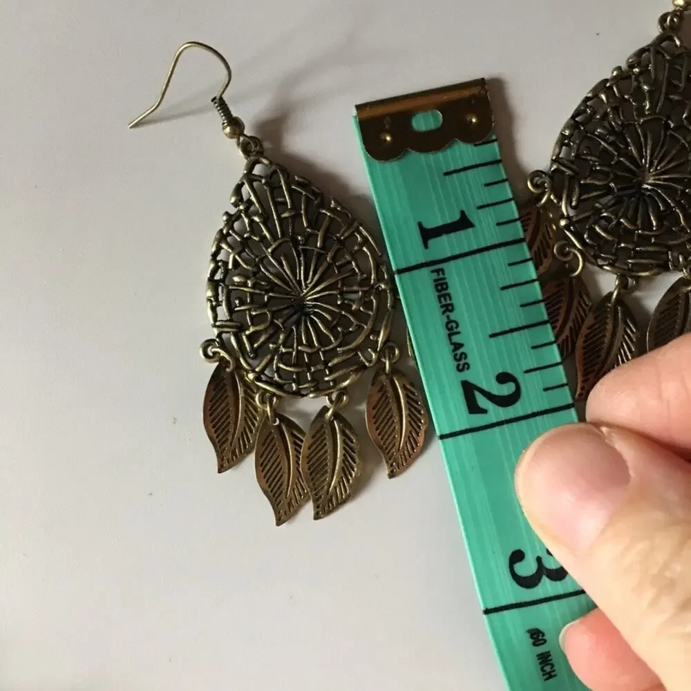 Dream-catcher with dangling leaves bronze-tone earrings